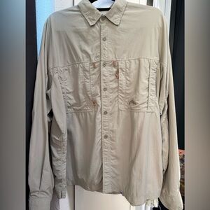 SIMMS Men’s Vented Fishing Shirt Tan Khaki Nylon Long Sleeve‎ SZ L